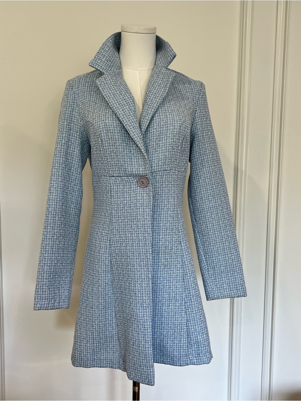 Powder Blue Boucle‎ Tweed Princess Coat Coquette Old Money Ladylike Fit Flare XS